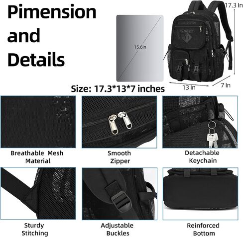 Black Mesh Backpack for Girls Boys, Mesh Bookbags Heavy Duty Semi-Transparent School Bag for College, Travel, Beach, Swimming, Sports in Saudi Arabia