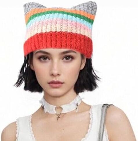 المرأة Y2k الكروشيه قبعة القط القبعات خمر الشتاء لطيف مترهل الملونة بيني الجرونج ايمو المشهد الملحقات in Kuwait
