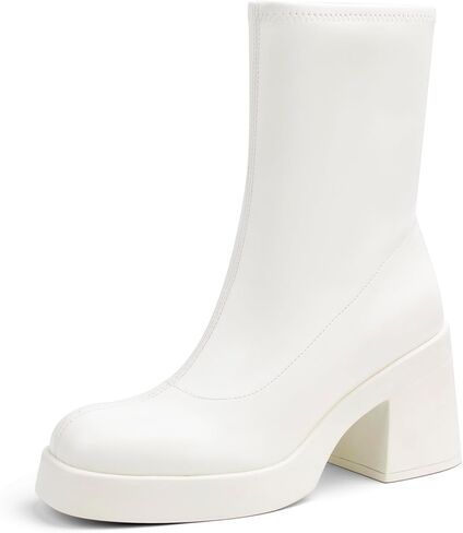 Women's Square Toe Stretch Mid Boots Calf Slouchy Platform Booties Suede Zip Chunky Block Heeled Sock Ankle Boot Shoes in Kuwait