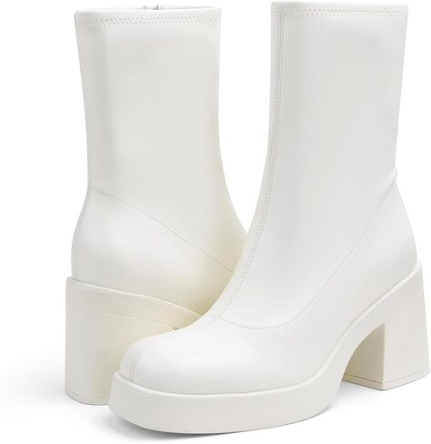 Women's Square Toe Stretch Mid Boots Calf Slouchy Platform Booties Suede Zip Chunky Block Heeled Sock Ankle Boot Shoes in Kuwait