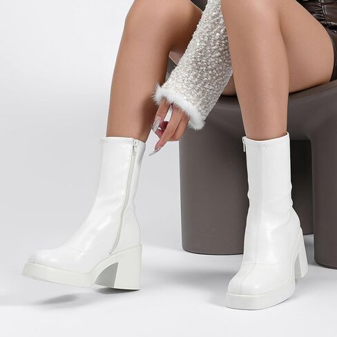 Women's Square Toe Stretch Mid Boots Calf Slouchy Platform Booties Suede Zip Chunky Block Heeled Sock Ankle Boot Shoes in Kuwait