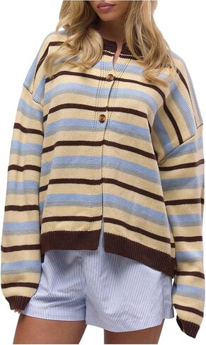 SOLY HUX Women's Striped Cardigan Sweater Color Block Button Down Long Sleeve Drop Shoulder Oversized Cardigans in Saudi Arabia