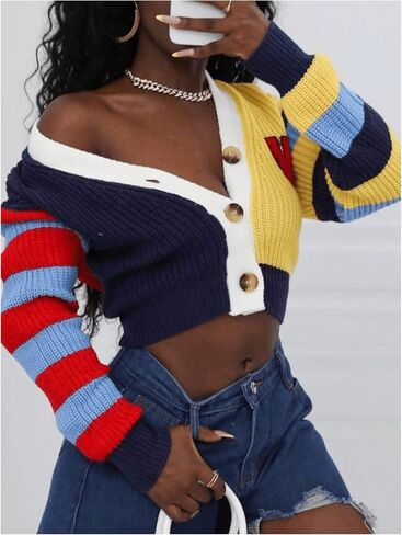 Women's Color Block Cropped Cardigan Button Down Long Sleeve Knit Sweaters Streetwear Outerwear in Saudi Arabia