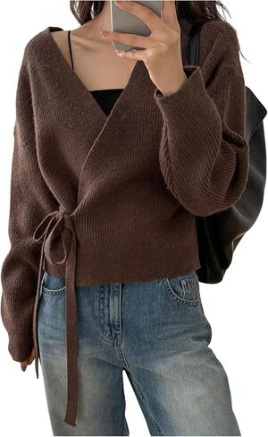 GORGLITTER Women's Wrap Cardigan Sweater Tie Front Long Sleeve Drop Shoulder Trendy Knit Cardigan Coffee Brown Medium in Saudi Arabia