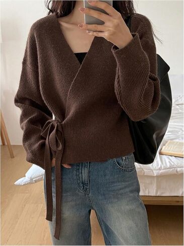 GORGLITTER Women's Wrap Cardigan Sweater Tie Front Long Sleeve Drop Shoulder Trendy Knit Cardigan Coffee Brown Medium in Saudi Arabia