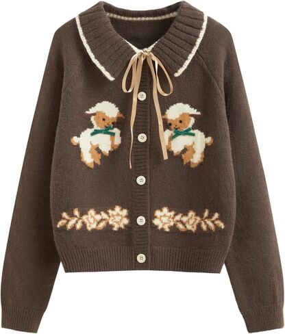 CIDER Women Going Out Knit Cute Cardigan Sweater Sheep Embroidery Ribbon Tie Casual Cardigan in Saudi Arabia