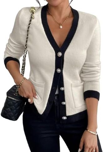 WDIRARA Women's Casual Flap Detail Button Front Cardigan V Neck Long Sleeve Contrast Trim Coat in Saudi Arabia