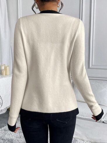 WDIRARA Women's Casual Flap Detail Button Front Cardigan V Neck Long Sleeve Contrast Trim Coat in Saudi Arabia
