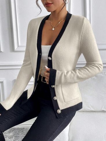 WDIRARA Women's Casual Flap Detail Button Front Cardigan V Neck Long Sleeve Contrast Trim Coat in Saudi Arabia