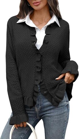 Women's Ruffle Cardigan Sweaters Knit Texture Crew Neck Cropped Long Sleeve Button Down Tops in Kuwait