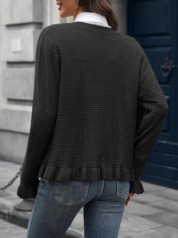 Women's Ruffle Cardigan Sweaters Knit Texture Crew Neck Cropped Long Sleeve Button Down Tops in Kuwait