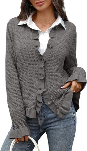 Women's Ruffle Cardigan Sweaters Knit Texture Crew Neck Cropped Long Sleeve Button Down Tops in Kuwait