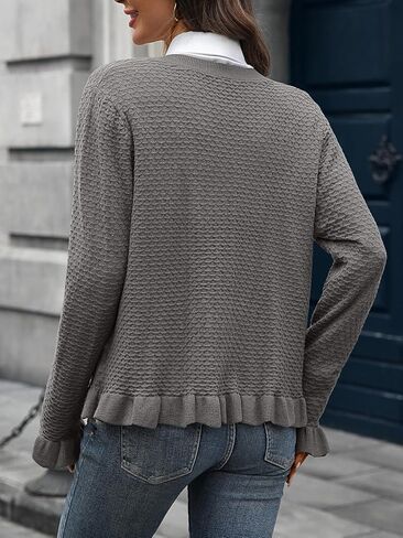 Women's Ruffle Cardigan Sweaters Knit Texture Crew Neck Cropped Long Sleeve Button Down Tops in Kuwait