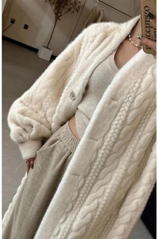 utcoco Long Cardigan for Women Button Down Cable Knit Midi Cardigan Sweaters Winter Mink Fur Coat in Saudi Arabia