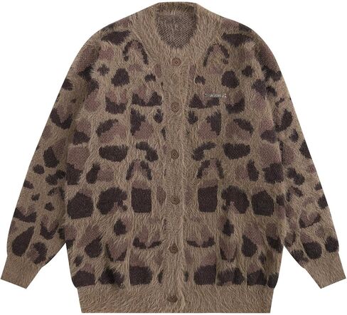 Bakyarder Leopard Printed Cardigan for Women, Vintage Button-Up Sweater, Y2K Drop Shoulder Knit Cardigan Streetwear in Kuwait