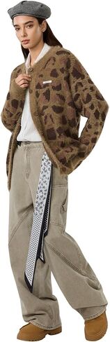 Bakyarder Leopard Printed Cardigan for Women, Vintage Button-Up Sweater, Y2K Drop Shoulder Knit Cardigan Streetwear in Kuwait