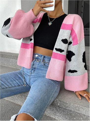 MakeMeChic Women's 3D Floral Cardigan Sweaters Open Front Cropped Cute Cardigan Lantern Sleeve Outerwear in Saudi Arabia