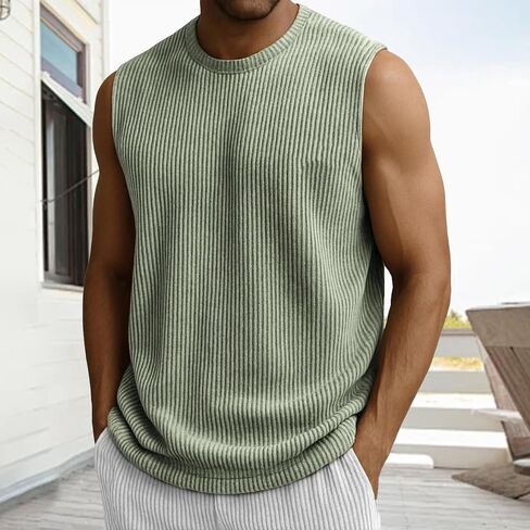 Mens Ribbed Knit Tank Tops Crew Neck Sleeveless Muscle Shirts Gym Workout Basic Tees Moisture Wicking Athletic Tops in Saudi Arabia