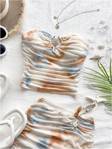 Milumia Women's Seashell Decor Tie Dye Ruched Tube Top Strapless Bandeau Crop Tops in Saudi Arabia