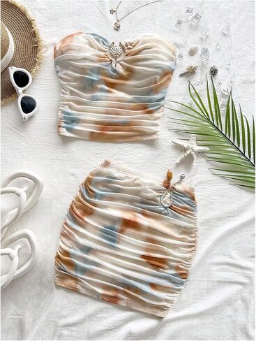Milumia Women's Seashell Decor Tie Dye Ruched Tube Top Strapless Bandeau Crop Tops in Saudi Arabia