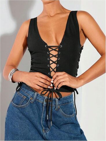Floerns Women's Y2k Lace Up Front Tank Top Sleeveless V Neck Concert Outfit Camisole in Saudi Arabia