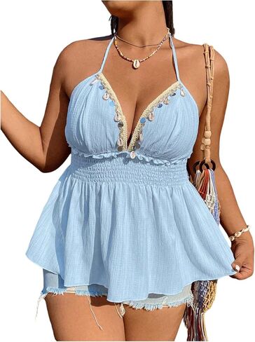 قميص نسائي من Floerns بمقاس كبير من Boho Halter قميص قصير بدون ظهر واسع للعطلات من Peplum in Saudi Arabia