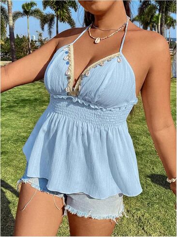 قميص نسائي من Floerns بمقاس كبير من Boho Halter قميص قصير بدون ظهر واسع للعطلات من Peplum in Saudi Arabia