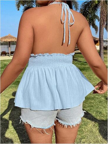 قميص نسائي من Floerns بمقاس كبير من Boho Halter قميص قصير بدون ظهر واسع للعطلات من Peplum in Saudi Arabia