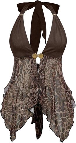 SweatyRocks Women's Leopard Mesh Halter Tops Y2K Sparkly Asymmetrical Flowy Going Out Top in Saudi Arabia