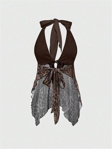 SweatyRocks Women's Leopard Mesh Halter Tops Y2K Sparkly Asymmetrical Flowy Going Out Top in Saudi Arabia