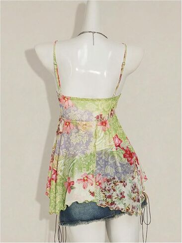 Milumia Women Floral Asymmetrical Flowy Cami Top Y2k Tie Front Spaghetti Strap Mesh Tops in Saudi Arabia