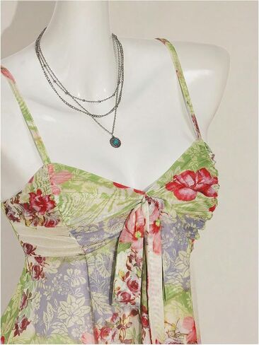 Milumia Women Floral Asymmetrical Flowy Cami Top Y2k Tie Front Spaghetti Strap Mesh Tops in Saudi Arabia