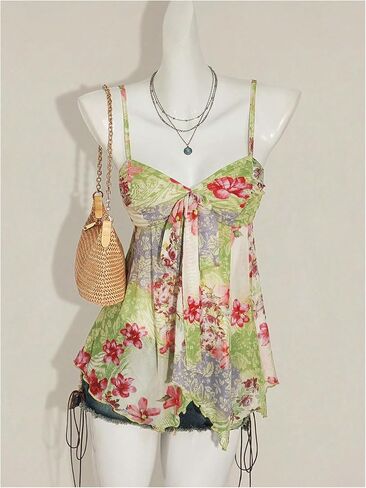 Milumia Women Floral Asymmetrical Flowy Cami Top Y2k Tie Front Spaghetti Strap Mesh Tops in Saudi Arabia