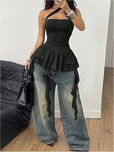 Milumia Women's Asymmetrical Neck Sleeveless Ruffle Hem Tops Y2K Concert Party Tank Tops in Saudi Arabia