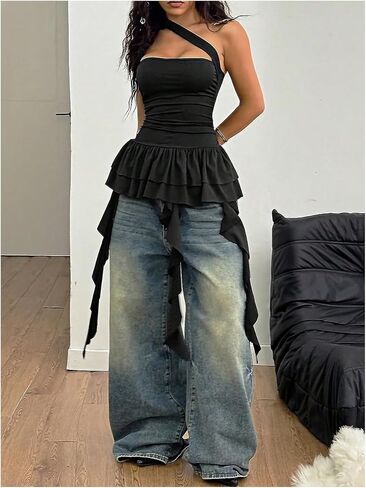 Milumia Women's Asymmetrical Neck Sleeveless Ruffle Hem Tops Y2K Concert Party Tank Tops in Saudi Arabia