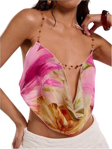 Women's Boho Floral Beaded Chain Camisole Top Backless Draped Neck Sleeveless Low Cut Crop Tops in Saudi Arabia