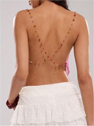 Women's Boho Floral Beaded Chain Camisole Top Backless Draped Neck Sleeveless Low Cut Crop Tops in Saudi Arabia