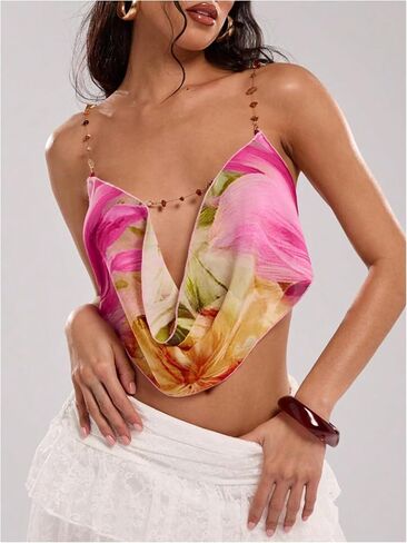 Women's Boho Floral Beaded Chain Camisole Top Backless Draped Neck Sleeveless Low Cut Crop Tops in Saudi Arabia