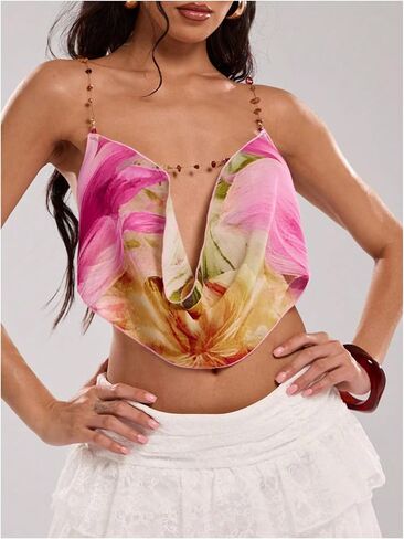 Women's Boho Floral Beaded Chain Camisole Top Backless Draped Neck Sleeveless Low Cut Crop Tops in Saudi Arabia