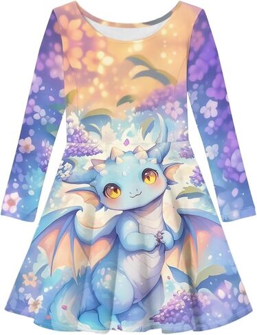 Cute Dragon Dresses for Kids Girl 4-14T Long Sleeve Midi Dress Fall Casual Dresses 2025 Round Neck Sundress in Saudi Arabia