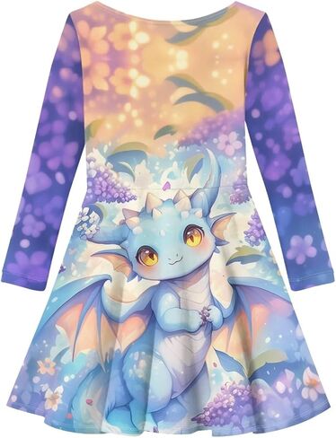 Cute Dragon Dresses for Kids Girl 4-14T Long Sleeve Midi Dress Fall Casual Dresses 2025 Round Neck Sundress in Saudi Arabia