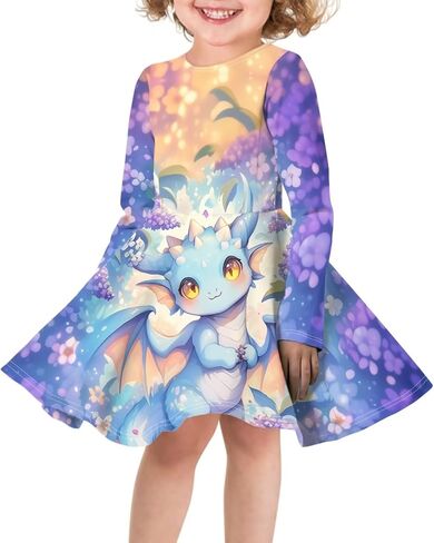 Cute Dragon Dresses for Kids Girl 4-14T Long Sleeve Midi Dress Fall Casual Dresses 2025 Round Neck Sundress in Saudi Arabia
