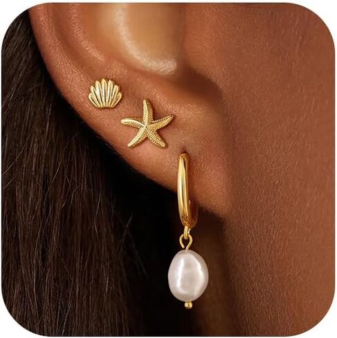 MBW Gold Starfish Earrings for Women, Small Dainty 14k Gold Plated Seashell Conch Pearl Hoop Dangle Earrings Stud Sets Beach Ocean Halloween Jewelry Gifts for Women Trendy in Saudi Arabia