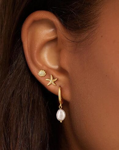 MBW Gold Starfish Earrings for Women, Small Dainty 14k Gold Plated Seashell Conch Pearl Hoop Dangle Earrings Stud Sets Beach Ocean Halloween Jewelry Gifts for Women Trendy in Saudi Arabia
