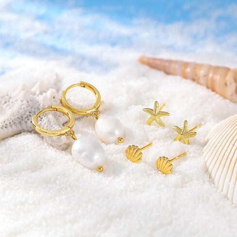 MBW Gold Starfish Earrings for Women, Small Dainty 14k Gold Plated Seashell Conch Pearl Hoop Dangle Earrings Stud Sets Beach Ocean Halloween Jewelry Gifts for Women Trendy in Saudi Arabia