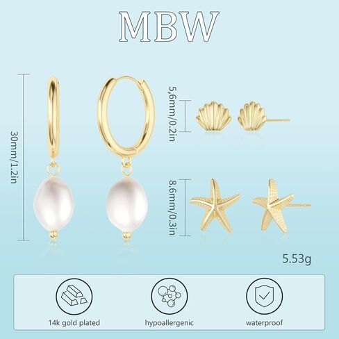 MBW Gold Starfish Earrings for Women, Small Dainty 14k Gold Plated Seashell Conch Pearl Hoop Dangle Earrings Stud Sets Beach Ocean Halloween Jewelry Gifts for Women Trendy in Saudi Arabia