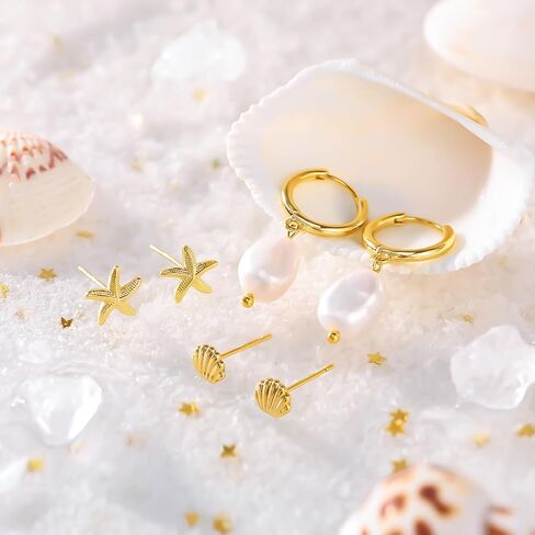 MBW Gold Starfish Earrings for Women, Small Dainty 14k Gold Plated Seashell Conch Pearl Hoop Dangle Earrings Stud Sets Beach Ocean Halloween Jewelry Gifts for Women Trendy in Saudi Arabia