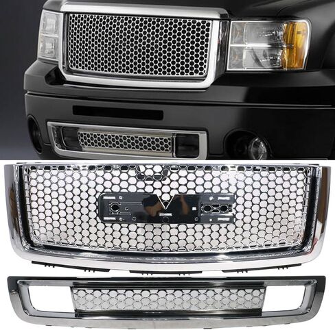 Grille Compatible With 2007-2013 GMC Sierra 1500 Denali, ABS Plastic Chrome Front Upper Grille + Lower Grill Guards By IKON MOTORSPORTS, 2008 2009 2010 2011 2012 in Saudi Arabia