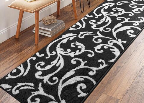 Hallway Runner Rug Non Slip Rubber Backing, 26 inch x 8 ft, Scroll, Black & White, Heavy Duty Berber Style Carpet Runner for Entryway, Kitchen, Bathroom, Bedroom, Laundry Room. in Kuwait