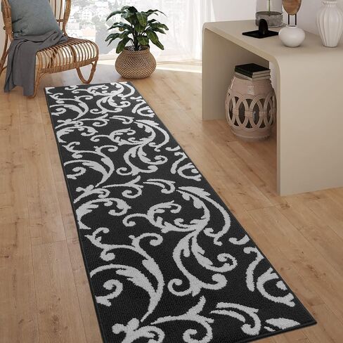 Hallway Runner Rug Non Slip Rubber Backing, 26 inch x 8 ft, Scroll, Black & White, Heavy Duty Berber Style Carpet Runner for Entryway, Kitchen, Bathroom, Bedroom, Laundry Room. in Kuwait